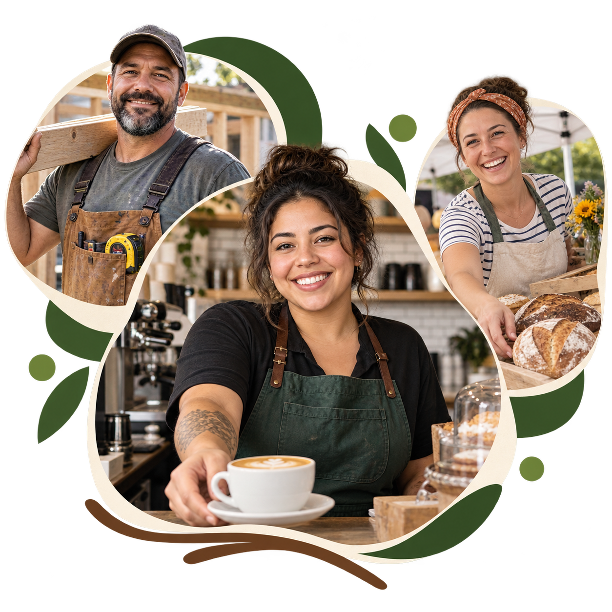 A collage of three local small business owners: a contractor carrying lumber on a job site, a café owner pouring a latte behind the counter, and a baker presenting a fresh-baked loaf of bread at a market stall.